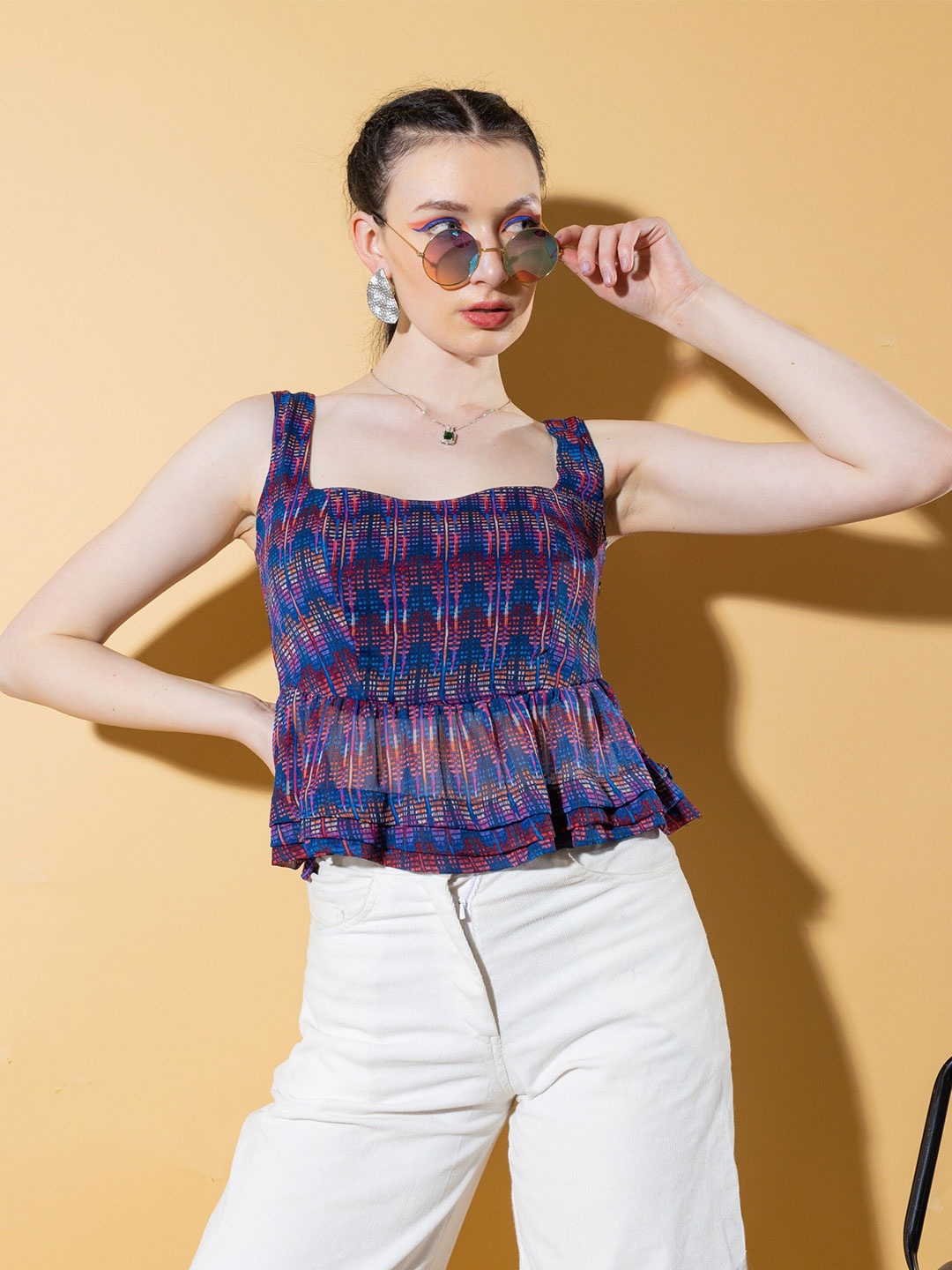 

Stylecast X Hersheinbox Blue And Pink Abstract Printed Square Neck Cinched Waist Top