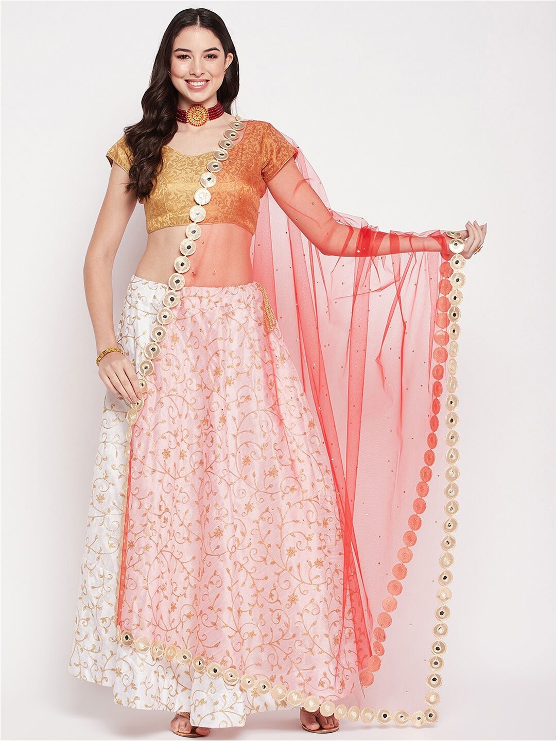 

Clora Creation Polka Dots Mirror Work Embroidered Dupatta, Red