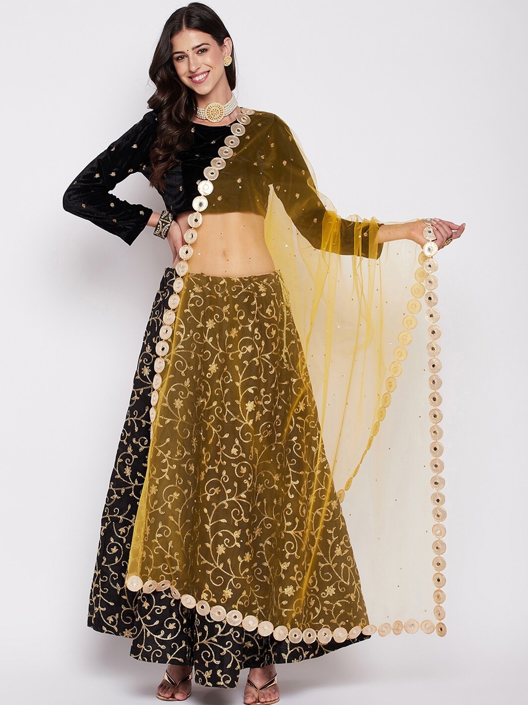Clora Creation Polka Dots Mirror Work Embroidered Dupatta, Yellow
