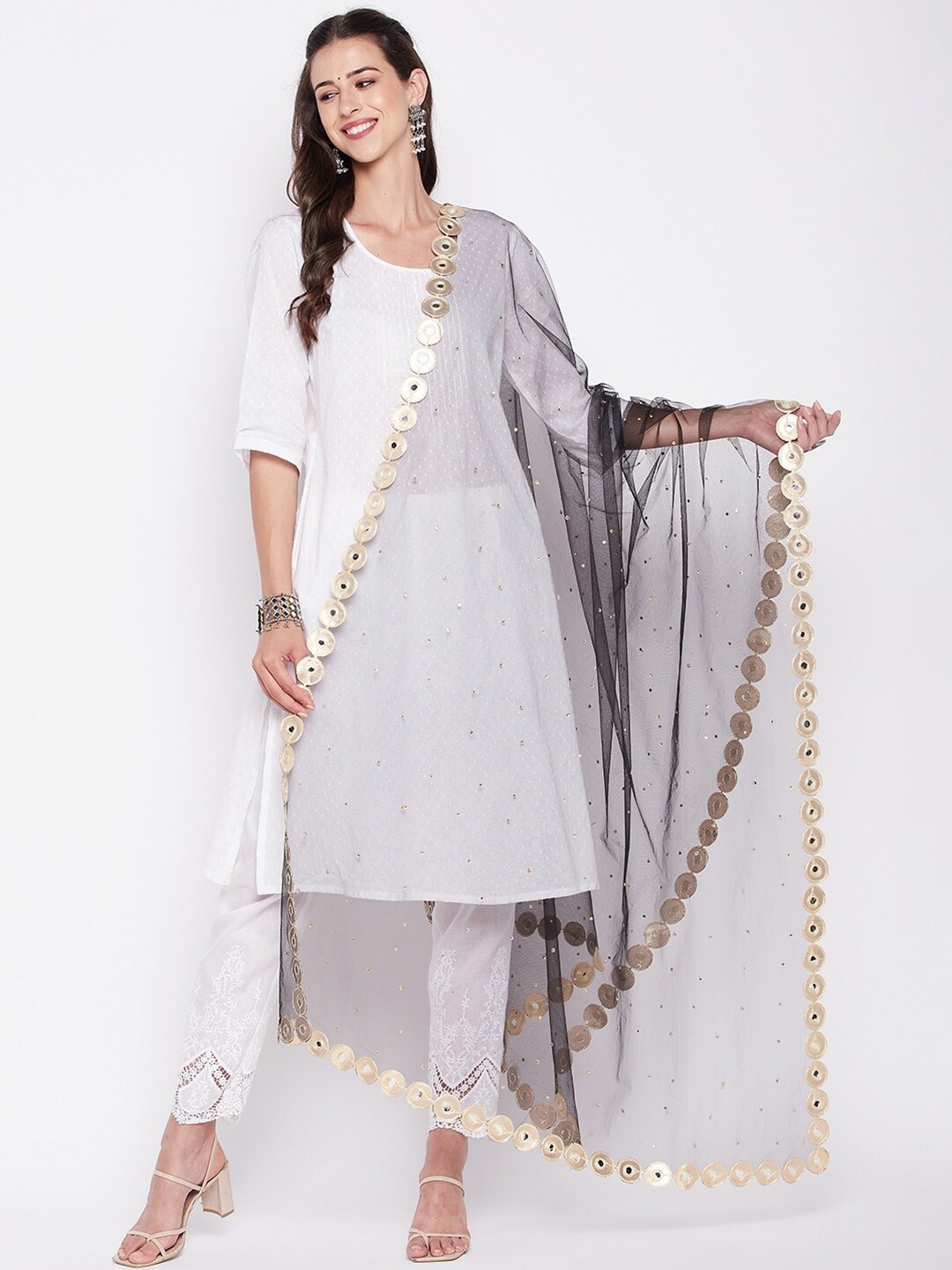 

Clora Creation Polka Dots Mirror Work Embroidered Dupatta, Black