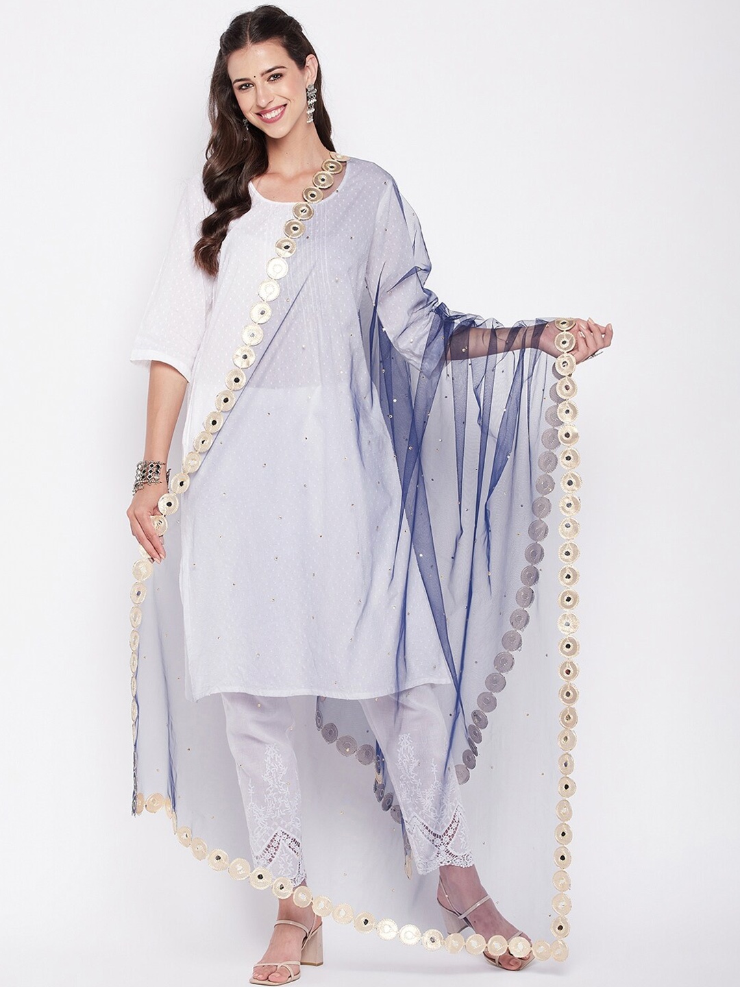 

Clora Creation Polka Dots Mirror Work Embroidered Dupatta, Navy blue