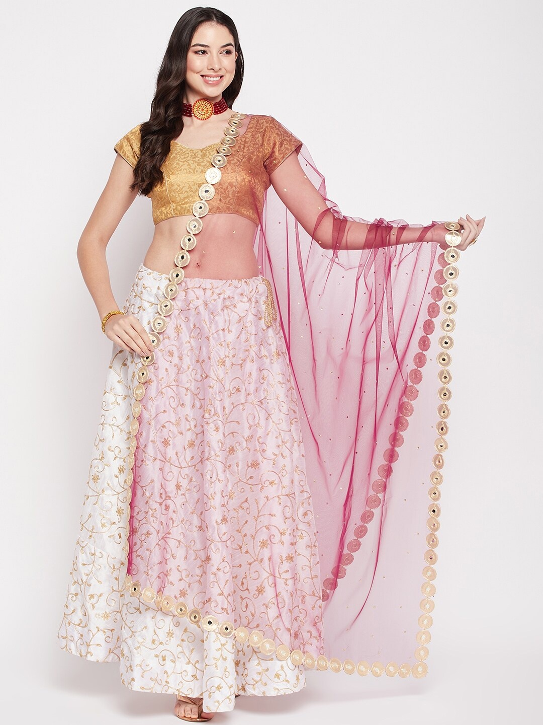 

Clora Creation Polka Dots Mirror Work Embroidered Dupatta, Burgundy
