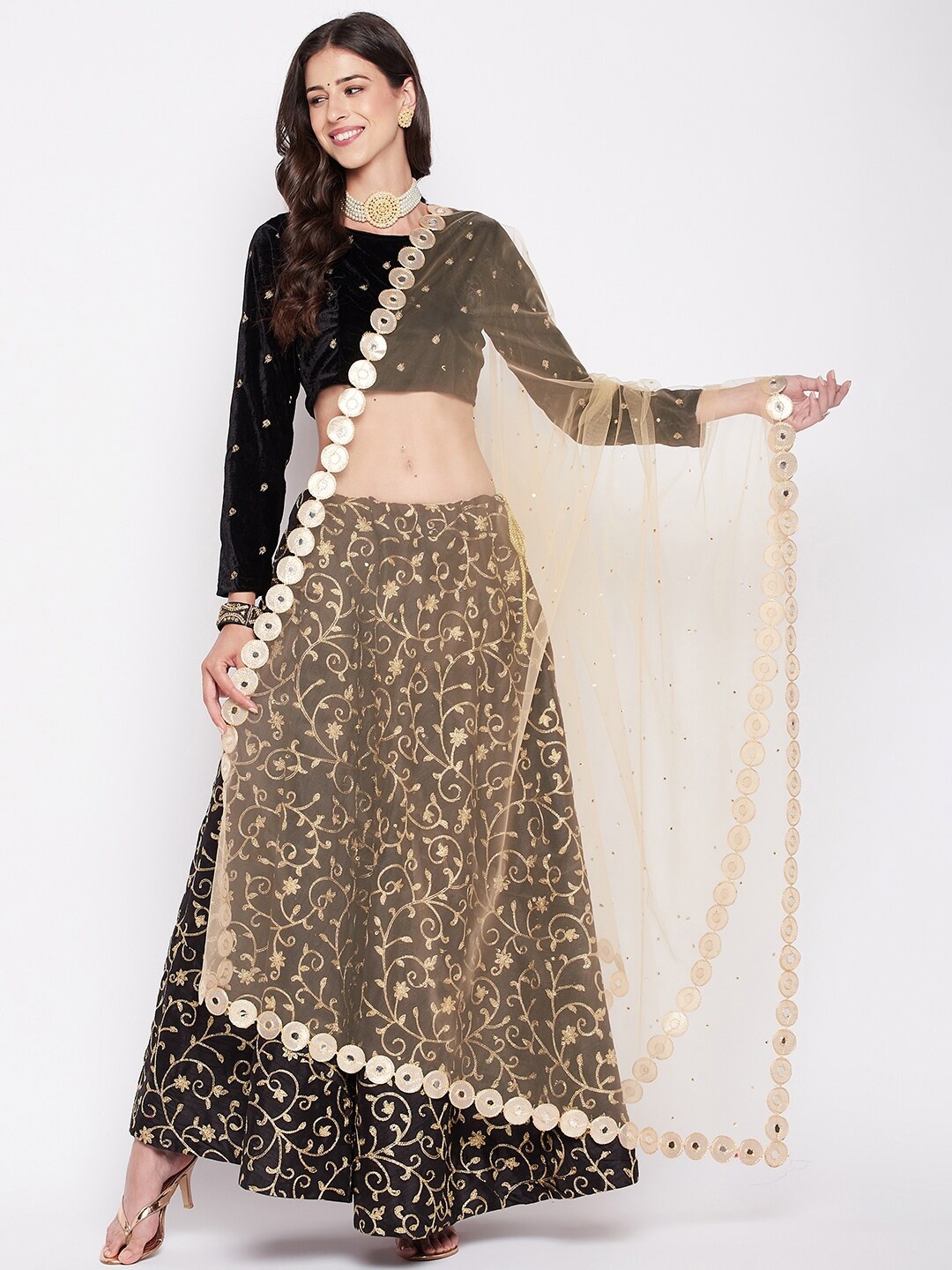 

Clora Creation Polka Dots Mirror Work Embroidered Dupatta, Beige