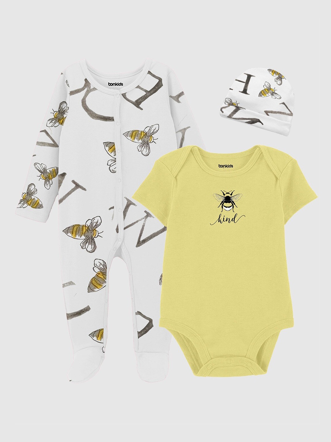 

BONKIDS Infants Pack Of 2 Pure Cotton Rompers Set, Yellow