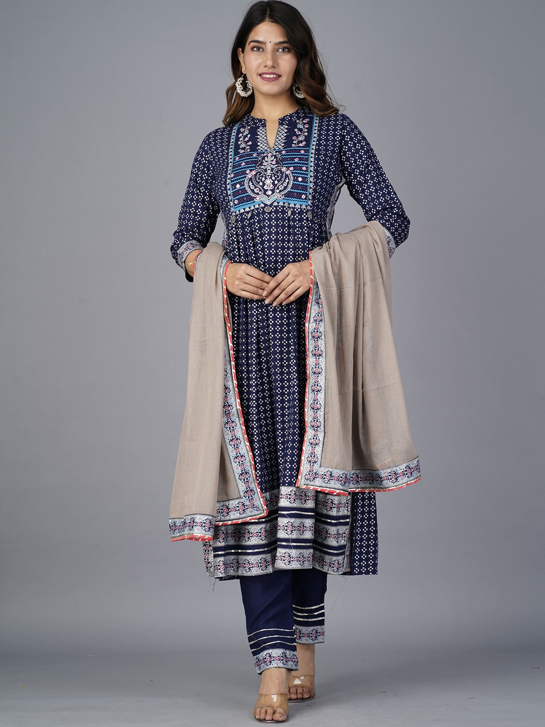 

KALINI Ethnic Motifs Printed Mirror Work A-Line Kurta with Trousers & Dupatta, Blue