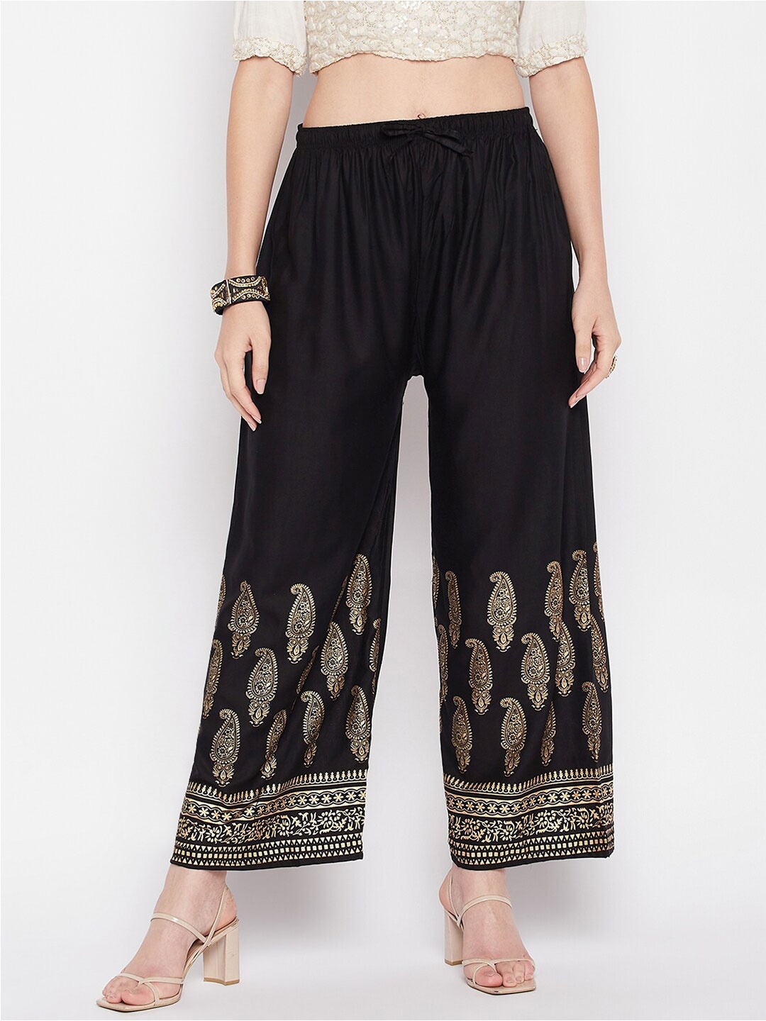 

Clora Creation Women Mid-Rise Straight Fit Paisley Printed Palazzos, Black