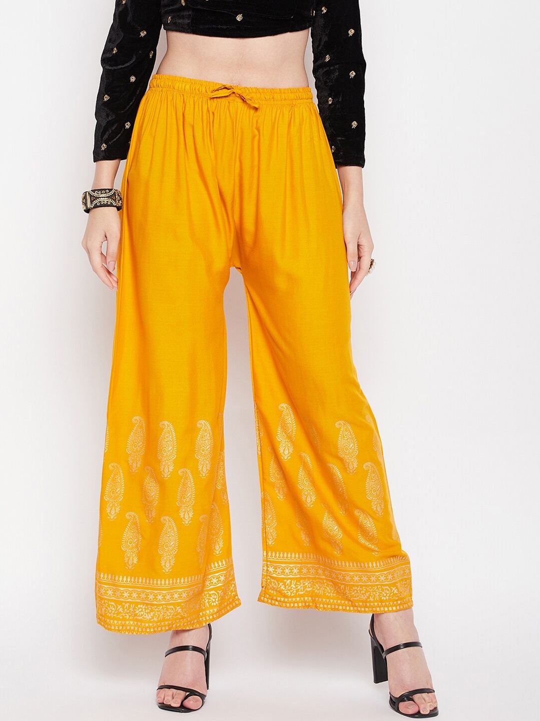 

Clora Creation Women Mid-Rise Straight Fit Paisley Hem Design Palazzos, Mustard