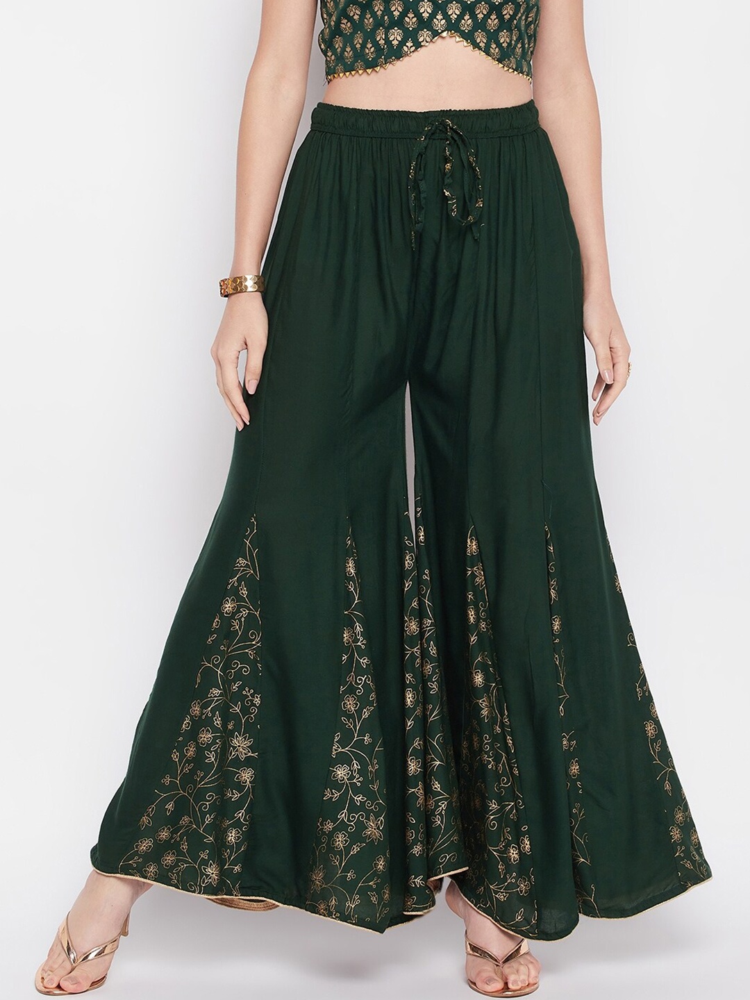 

Clora Creation Women Mid-Rise Ethnic Motifs Printed Flared Palazzos, Green