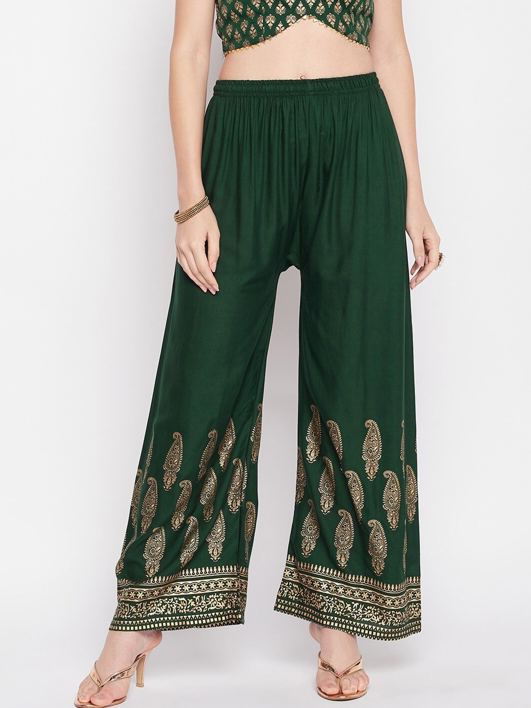 

Clora Creation Women Mid-Rise Straight Fit Paisley Hem Design Palazzos, Green