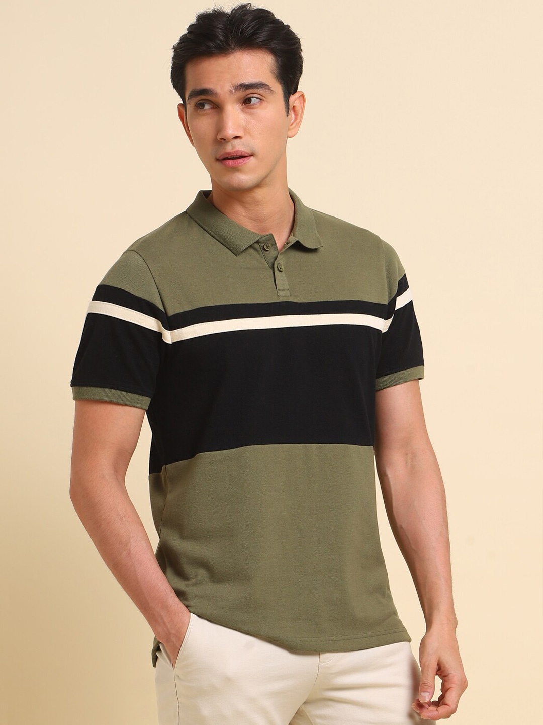 Dennis Lingo Colourblocked Polo Collar Regular Fit Cotton T-shirt, Olive