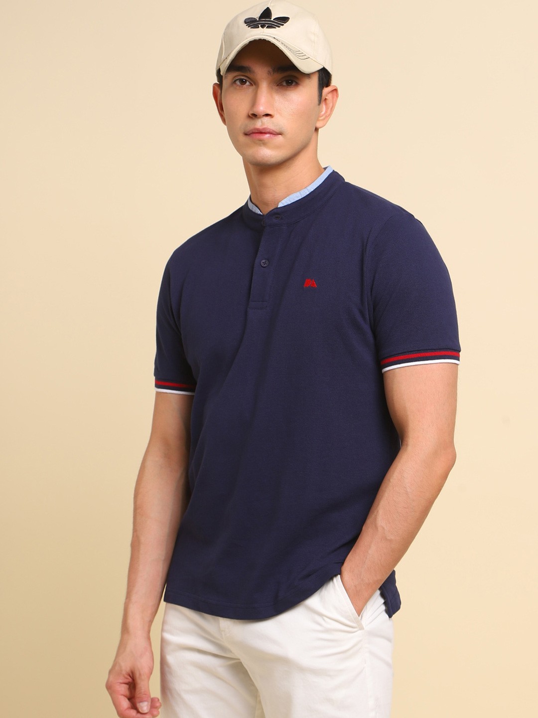 Dennis Lingo Mandarin Collar Slim Fit T-Shirt, Navy blue