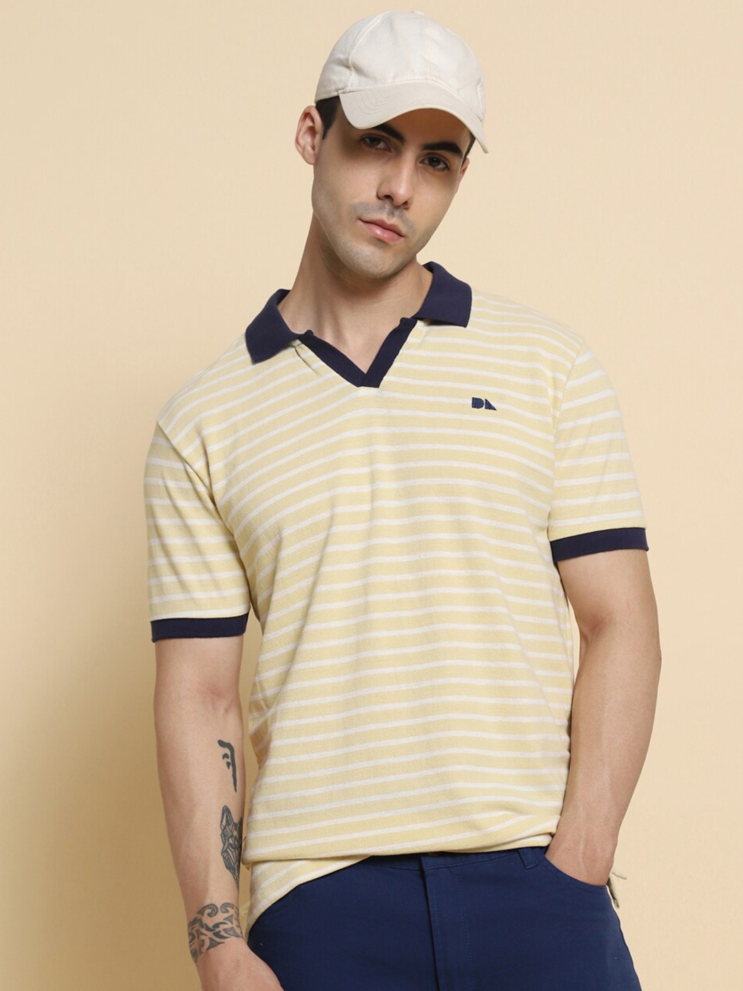 

Dennis Lingo Striped Polo Collar Pure Cotton Regular Fit T-shirt, Off white