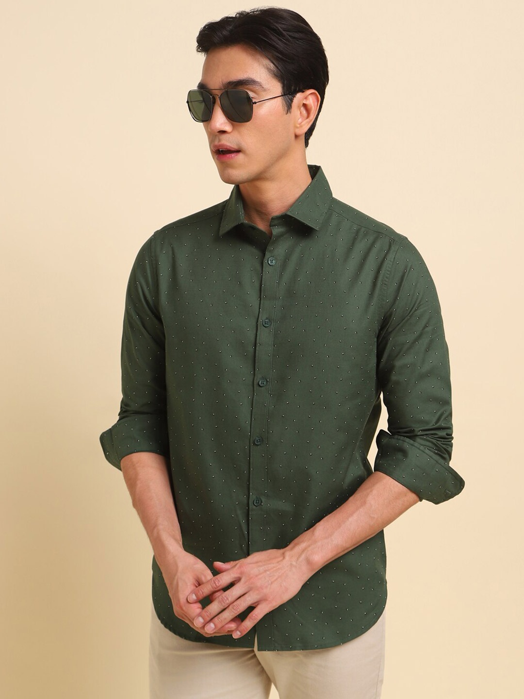 

Dennis Lingo India Slim Micro Ditsy Printed Pure Cotton Shirt, Olive