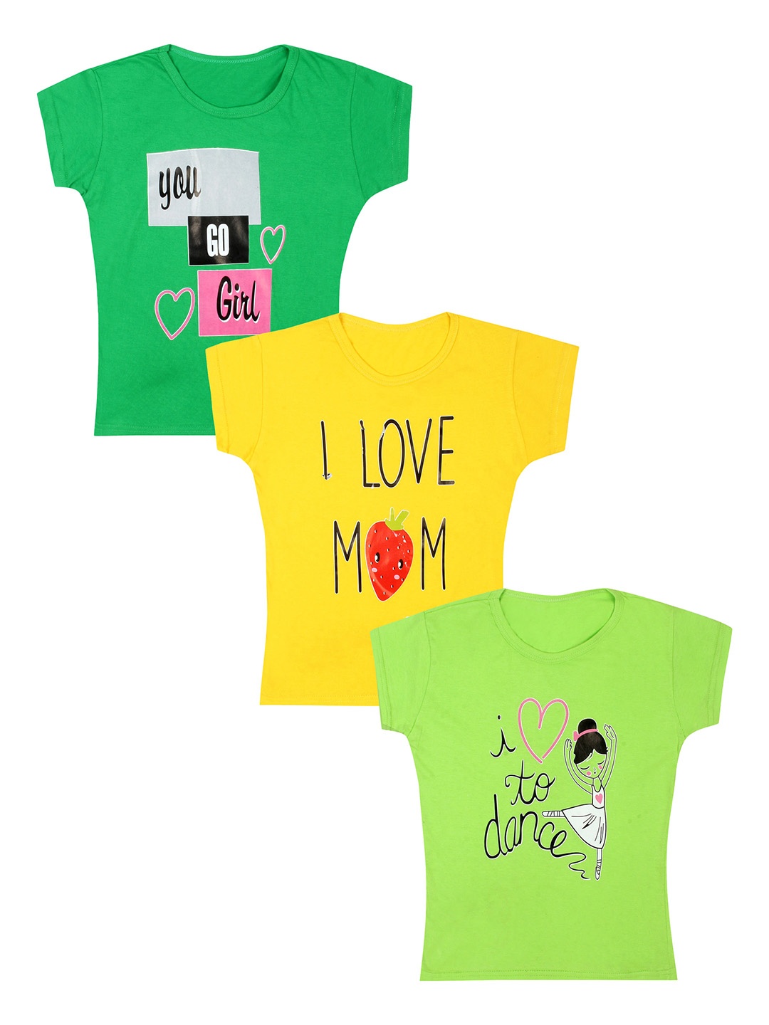 

CAREPLUS Girls Pack Of 3 Typography Print Cotton T-shirt, Green