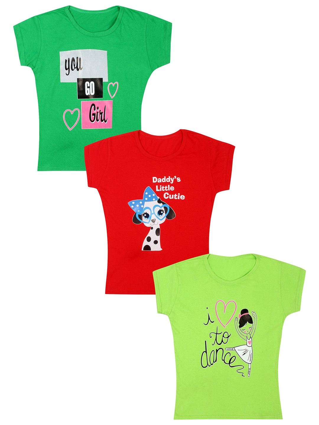 

CAREPLUS Girls Pack Of 3 Typography Printed Cotton T-Shirts, Green