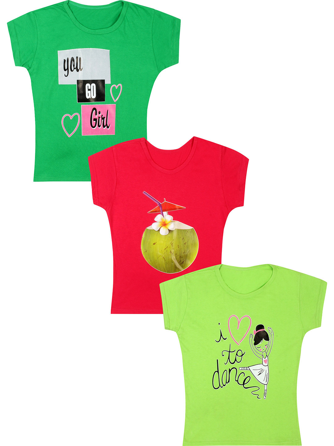 

CAREPLUS Girls Pack Of 3 Printed Cotton T-Shirts, Green