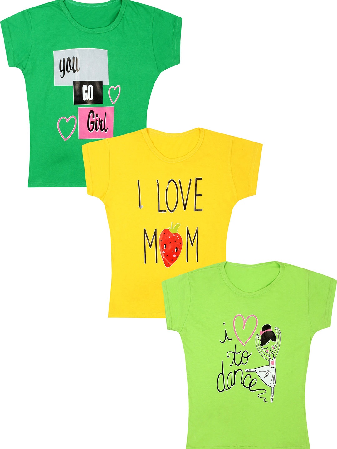 

CAREPLUS Girls Pack Of 3 Typography Printed Cotton T-Shirts, Green
