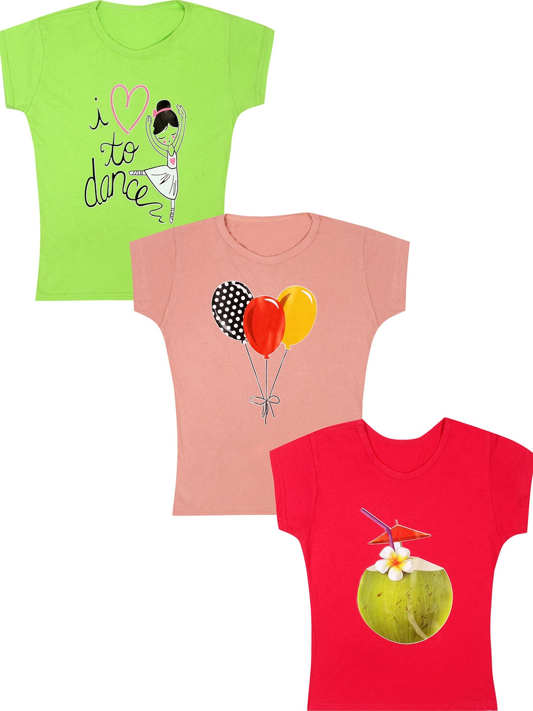 

CAREPLUS Girls Pack Of 3 Printed Cotton T-shirts, Green