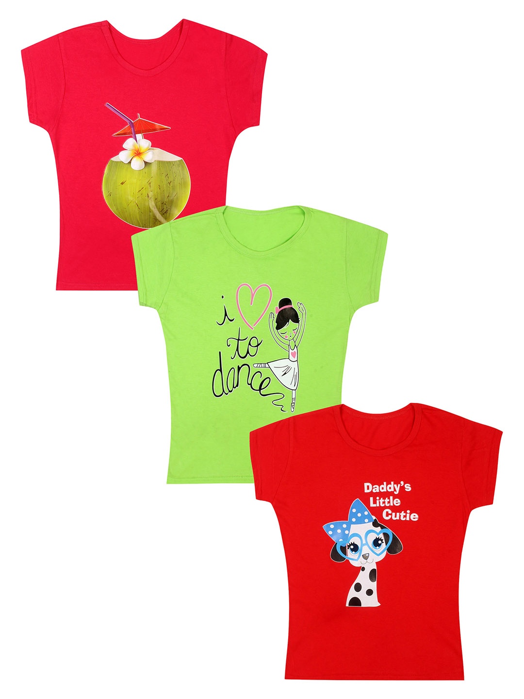 

CAREPLUS Girls Pack Of 3 Printed Cotton T-shirts, Red