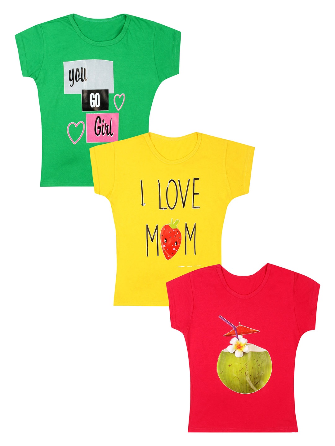 

CAREPLUS Girls Pack Of 3 Printed Cotton T-shirts, Green