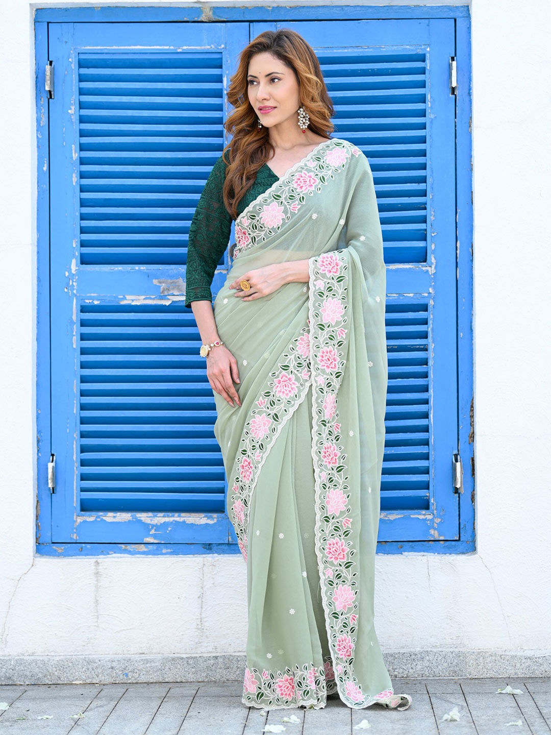 

BEATITUDE Floral Embroidered Organza Saree, Green