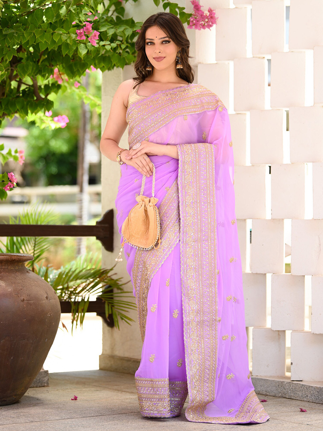 

BEATITUDE Floral Embroidered Sequined Saree, Lavender