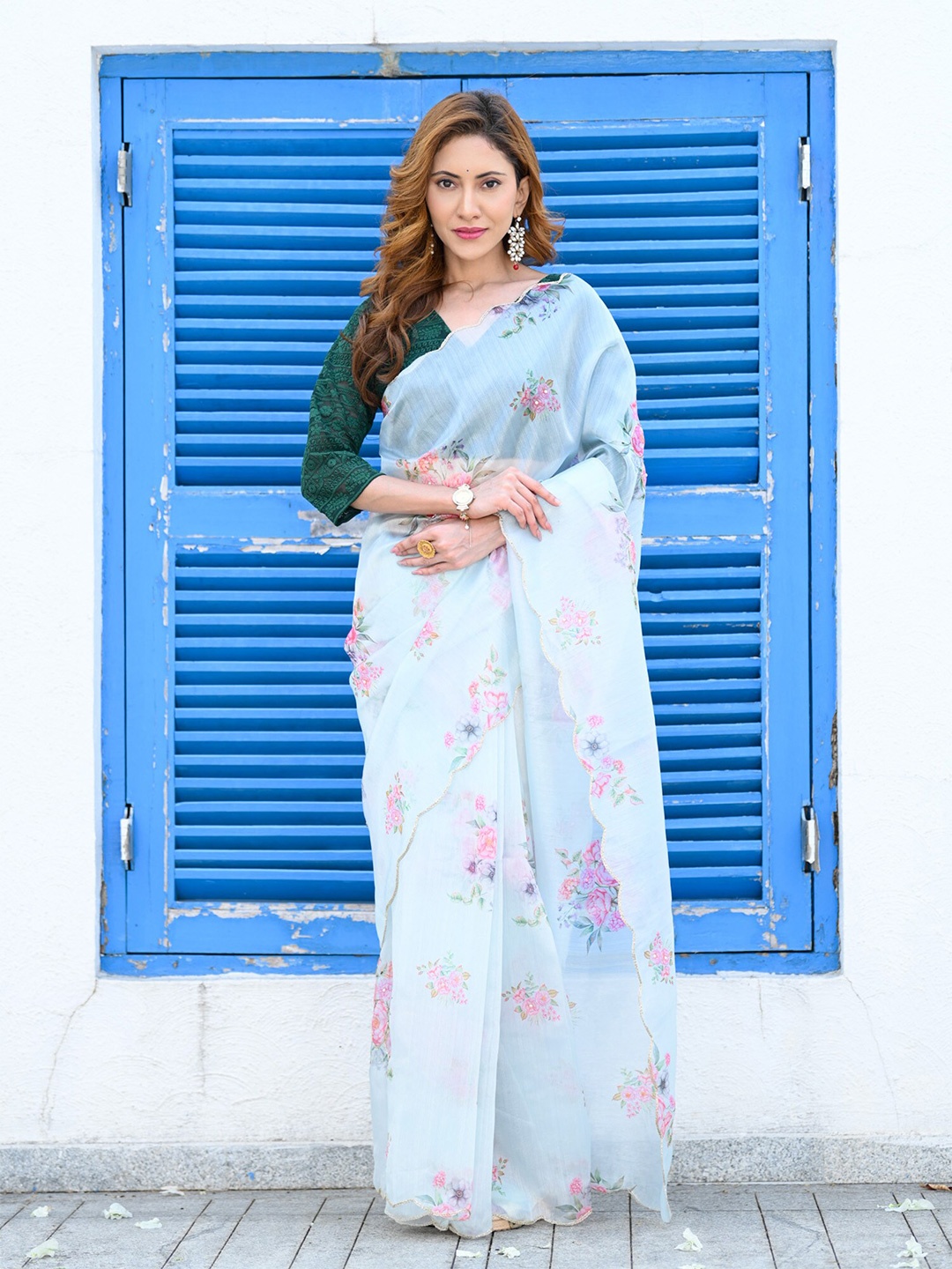 

BEATITUDE Floral Embroidered Organza Saree, Turquoise blue