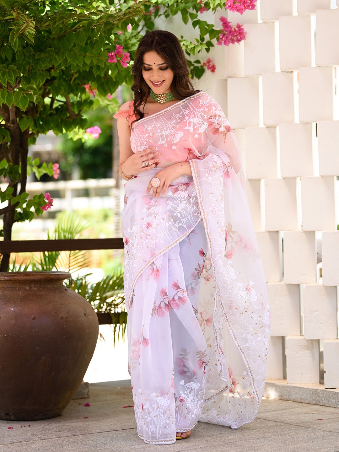 

BEATITUDE Floral Embroidered Organza Saree, White