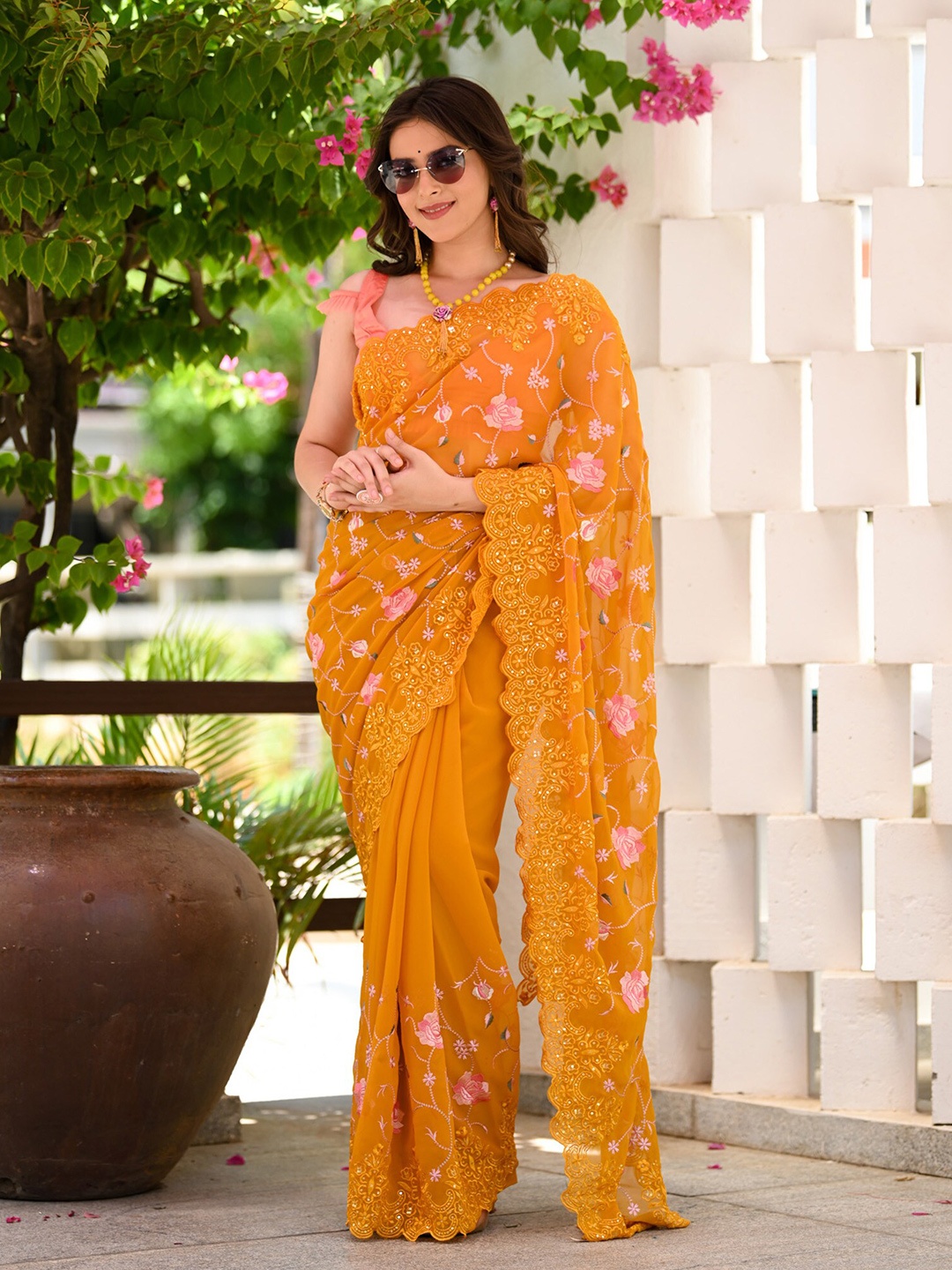 

BEATITUDE Floral Embroidered Stone Work Saree, Mustard