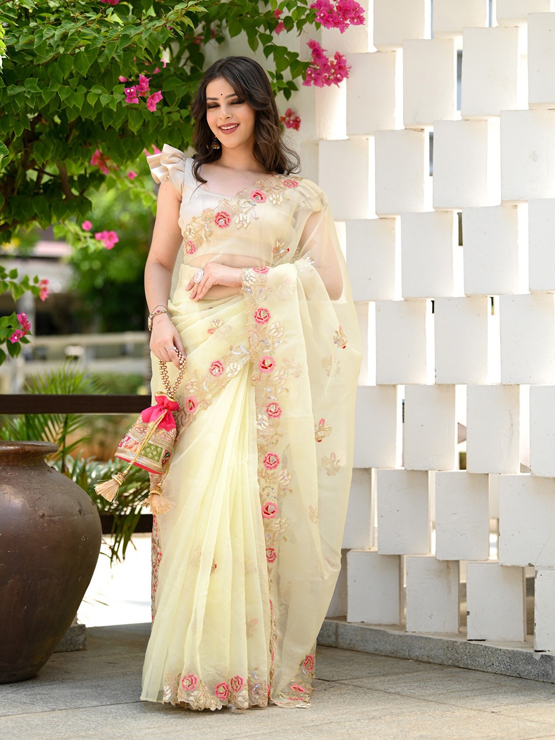 

BEATITUDE Embellished Embroidered Organza Saree, Yellow