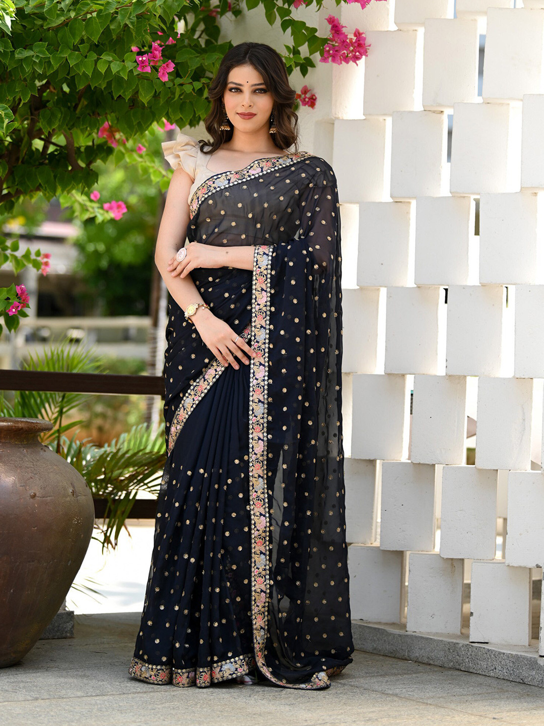 

BEATITUDE Floral Embroidered Organza Saree, Navy blue