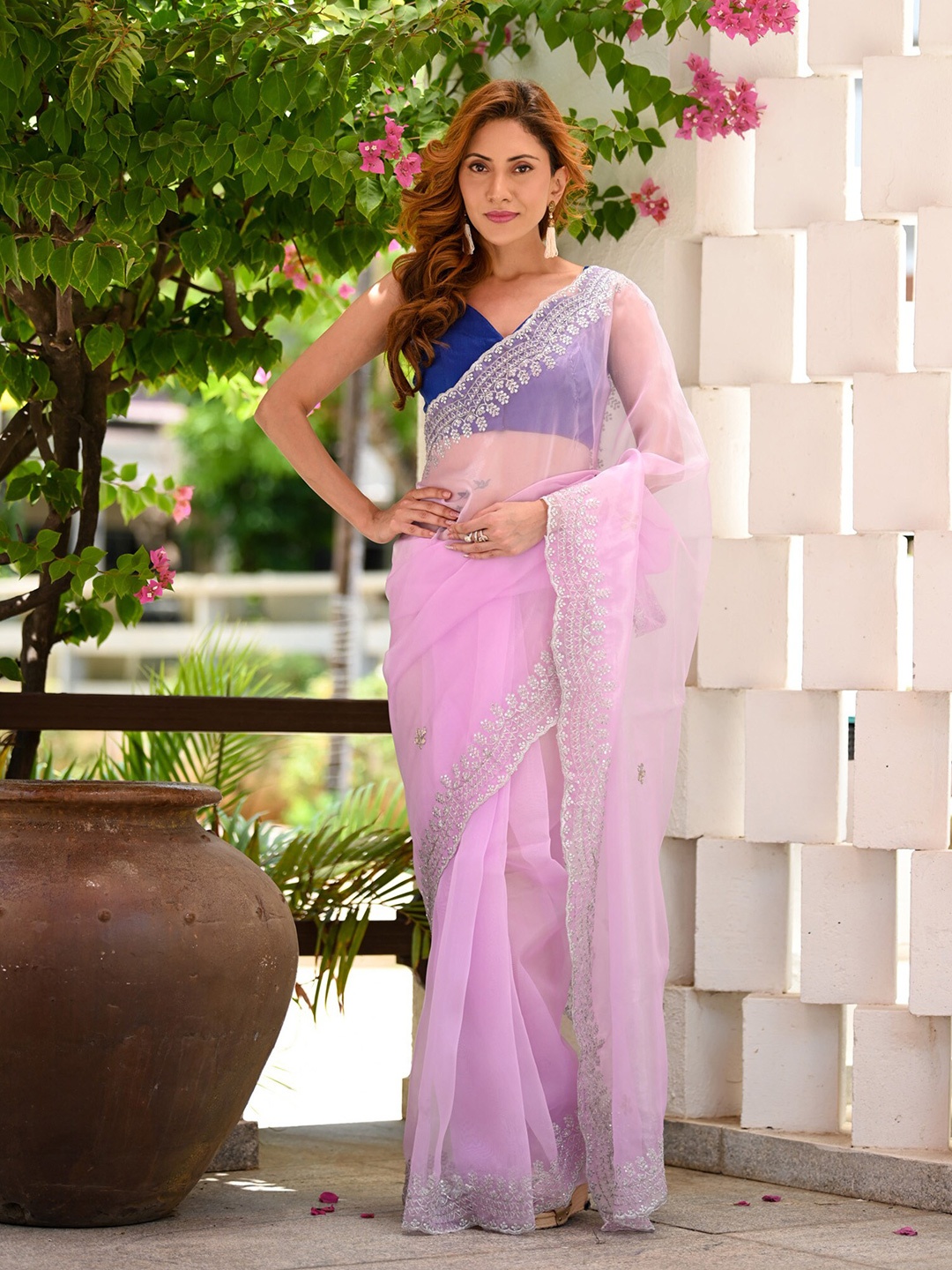 

BEATITUDE Embellished Embroidered Organza Saree, Lavender