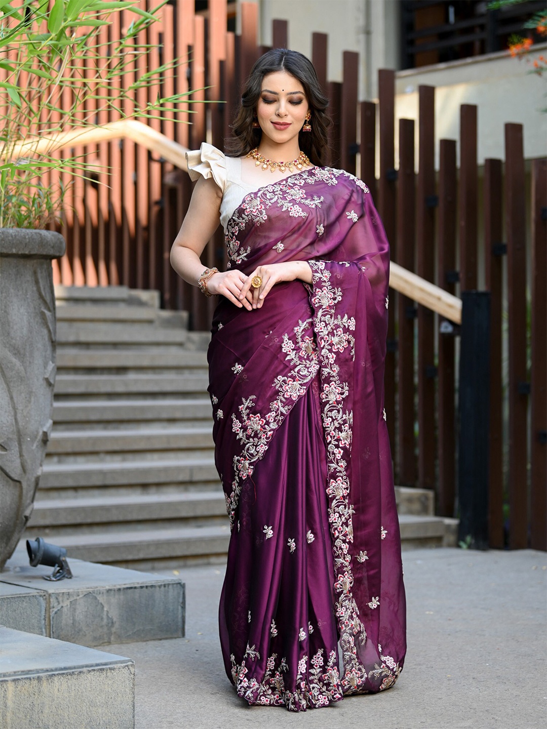 

BEATITUDE Floral Embroidered Organza Saree, Purple