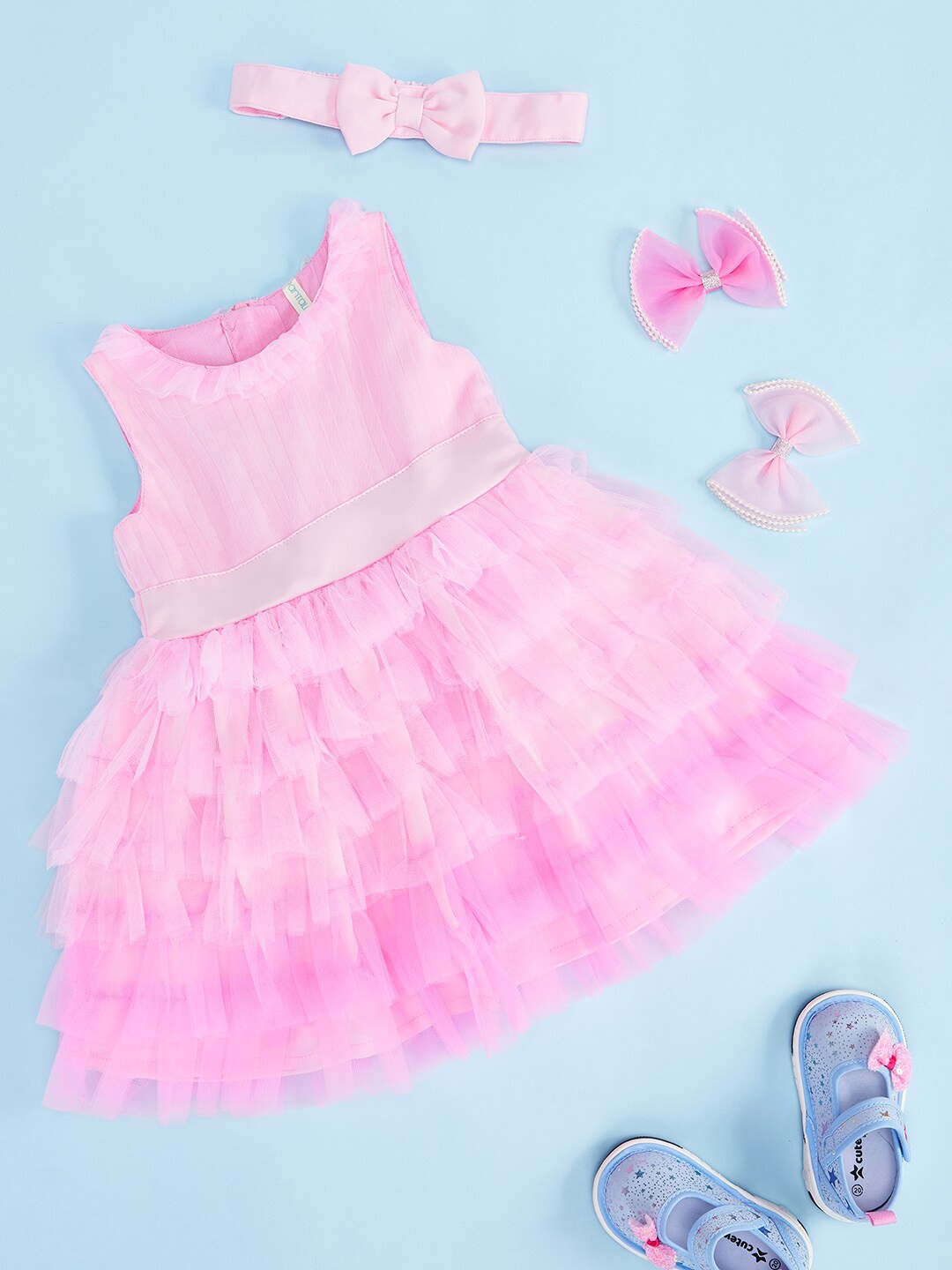 

Pantaloons Baby Infant Girls Layered Cotton Fit & Flare Dress With Hairband, Pink