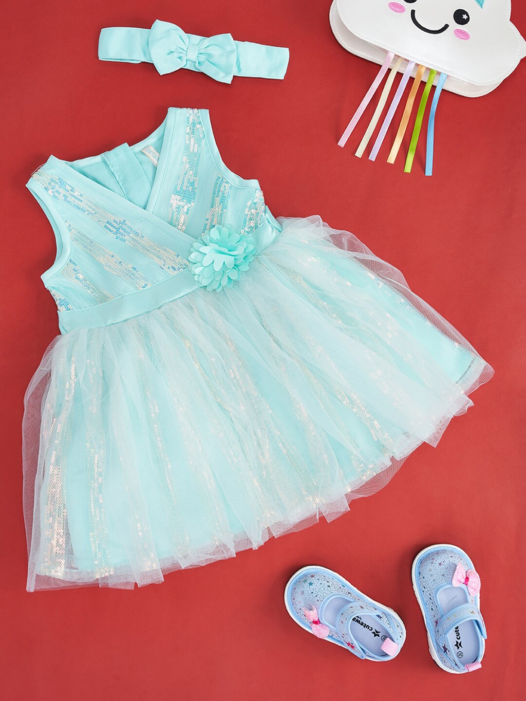 

Pantaloons Baby Infant Girls Embellished Sequined Cotton Fit & Flare Dress, Blue