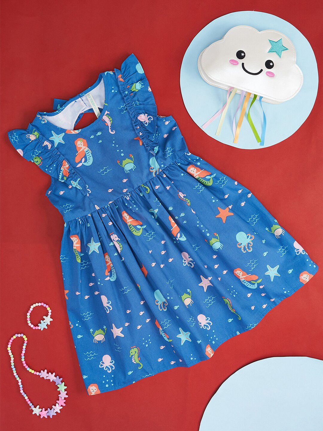 

Pantaloons Junior Girls Conversational Printed Ruffled Cotton Fit & Flare Dress, Blue