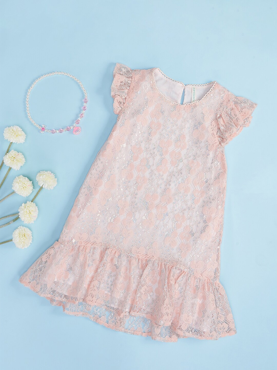 

Pantaloons Junior Girls Self Design Flutter Sleeve Lace Cotton A-Line Dress, Peach