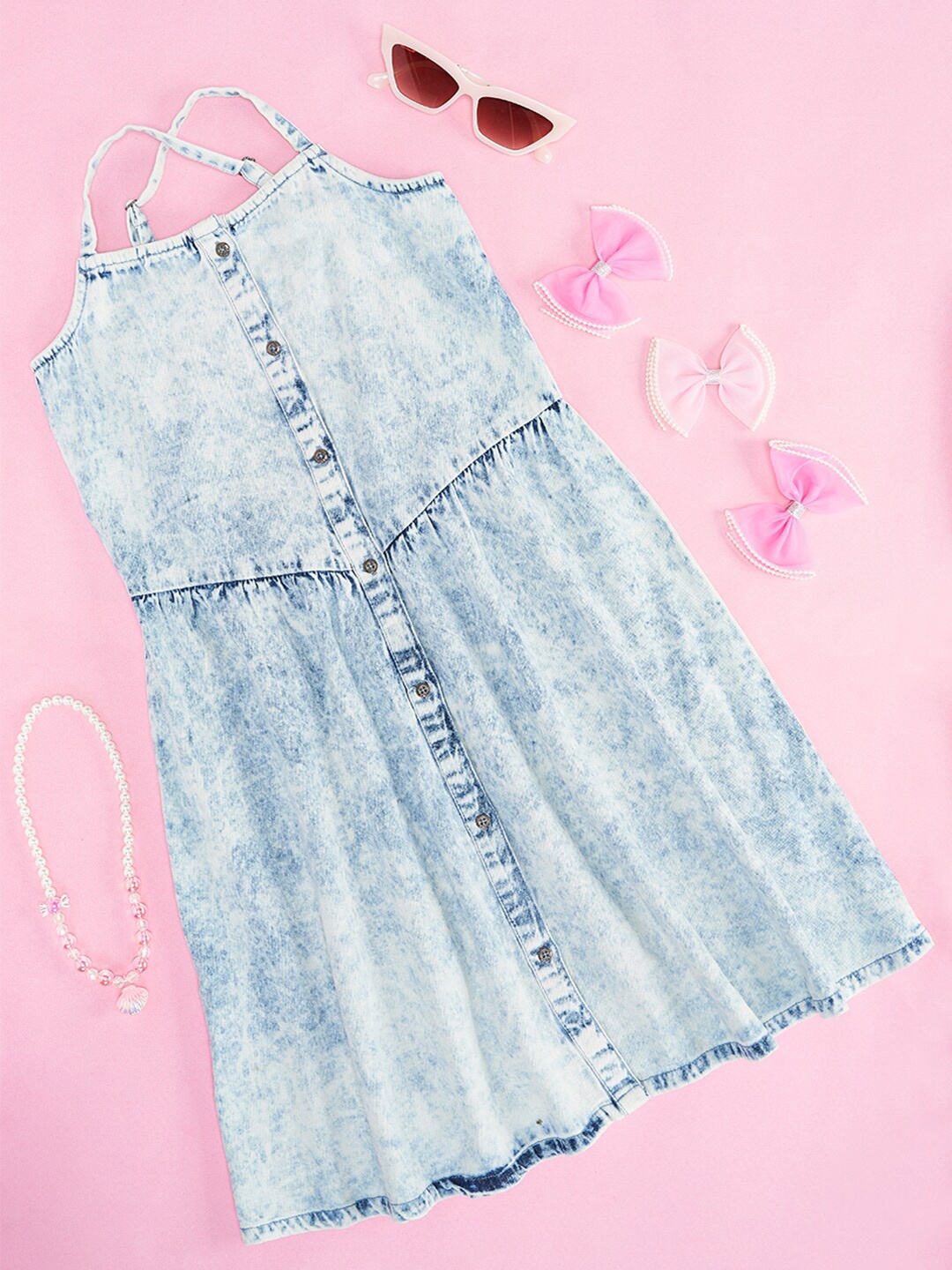 Pantaloons Junior Girls Shoulder Strap Cotton Shirt Dress, Blue