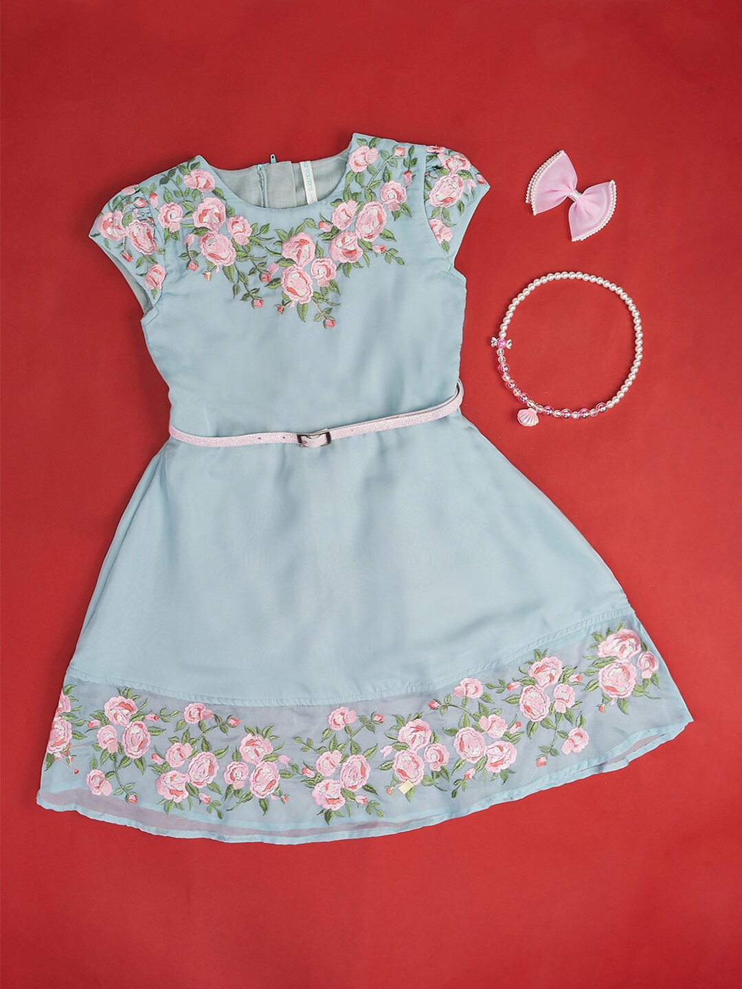 Pantaloons Junior Girls Floral Embroidered Cotton A-Line Dress With Belt, Sea green