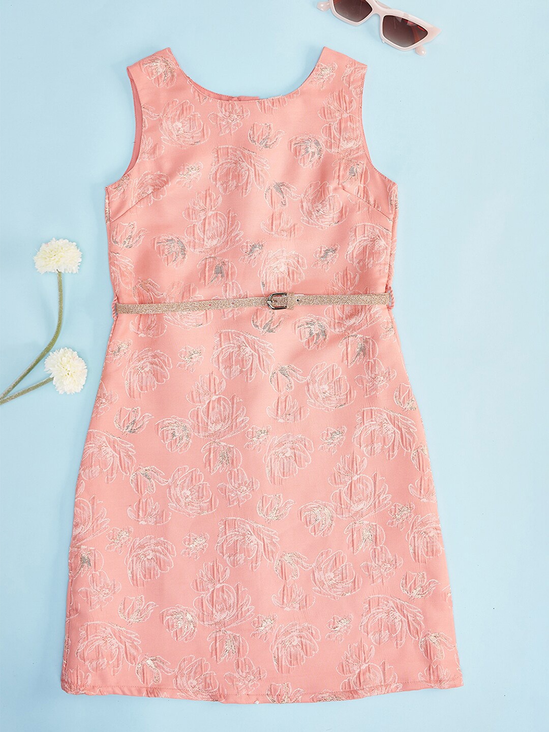 Pantaloons Junior Girls Floral Printed Cotton A-Line Dress With Belt, Peach