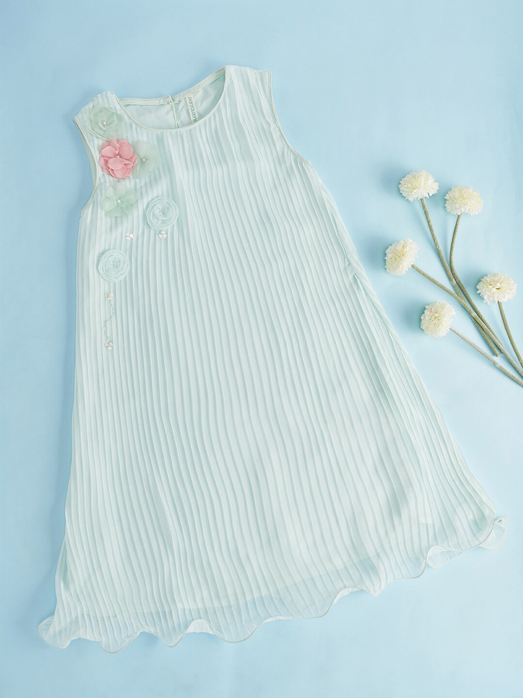 

Pantaloons Junior Girls Self Design Embellished Cotton A-Line Dress, Sea green