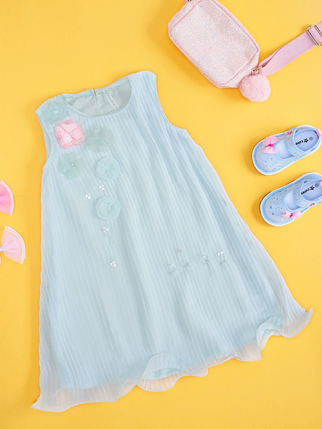 

Pantaloons Junior Girls Self Design Embellished Cotton A-Line Dress, Sea green
