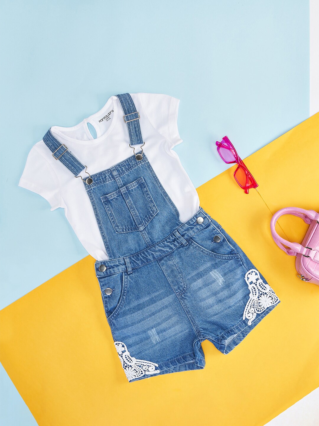 

Pantaloons Junior Girls Cotton Dungarees With T-Shirt, Blue