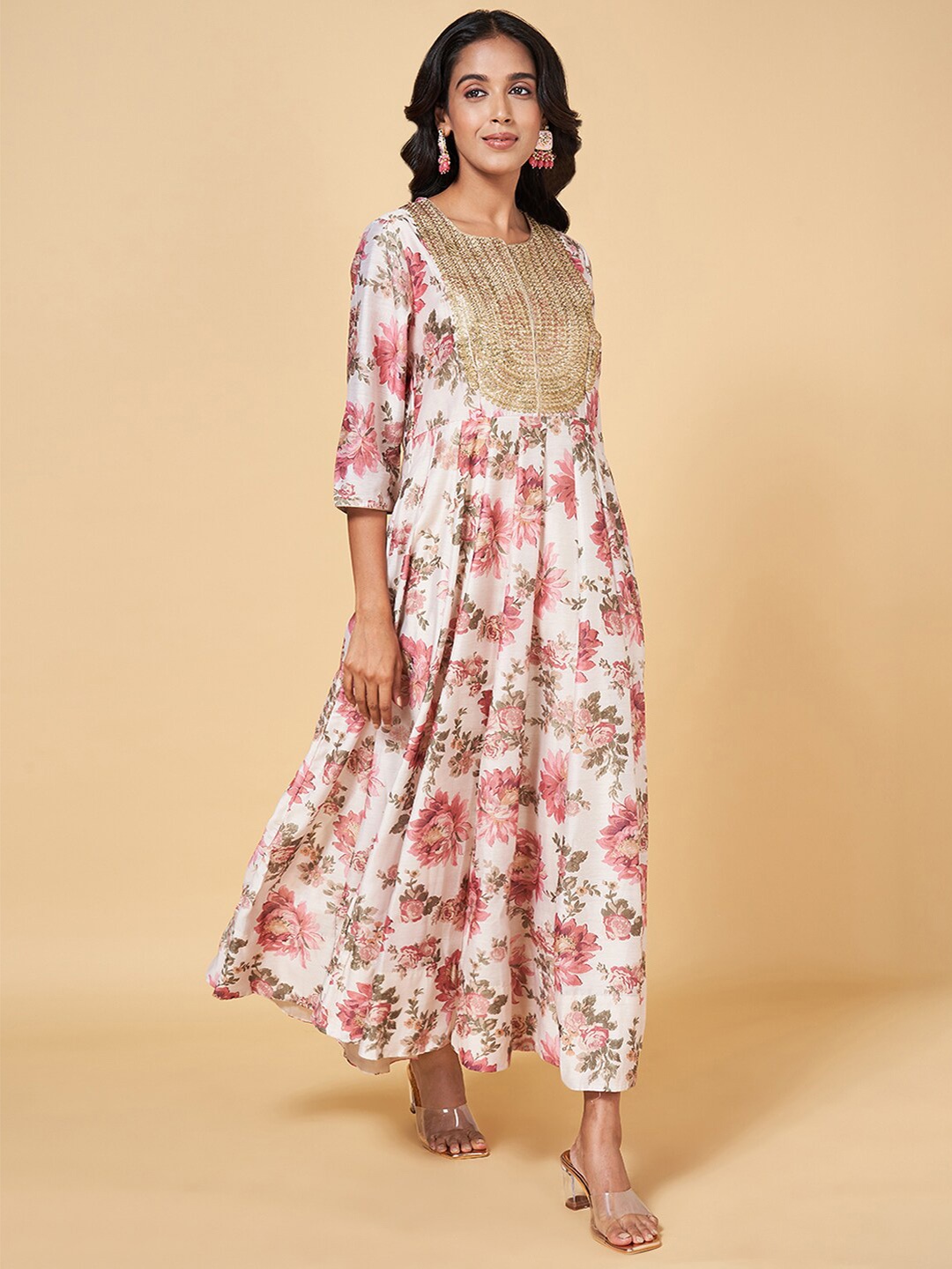 

RANGMANCH BY PANTALOONS Floral Printed Embellished A-Line Ethnic Dress, White