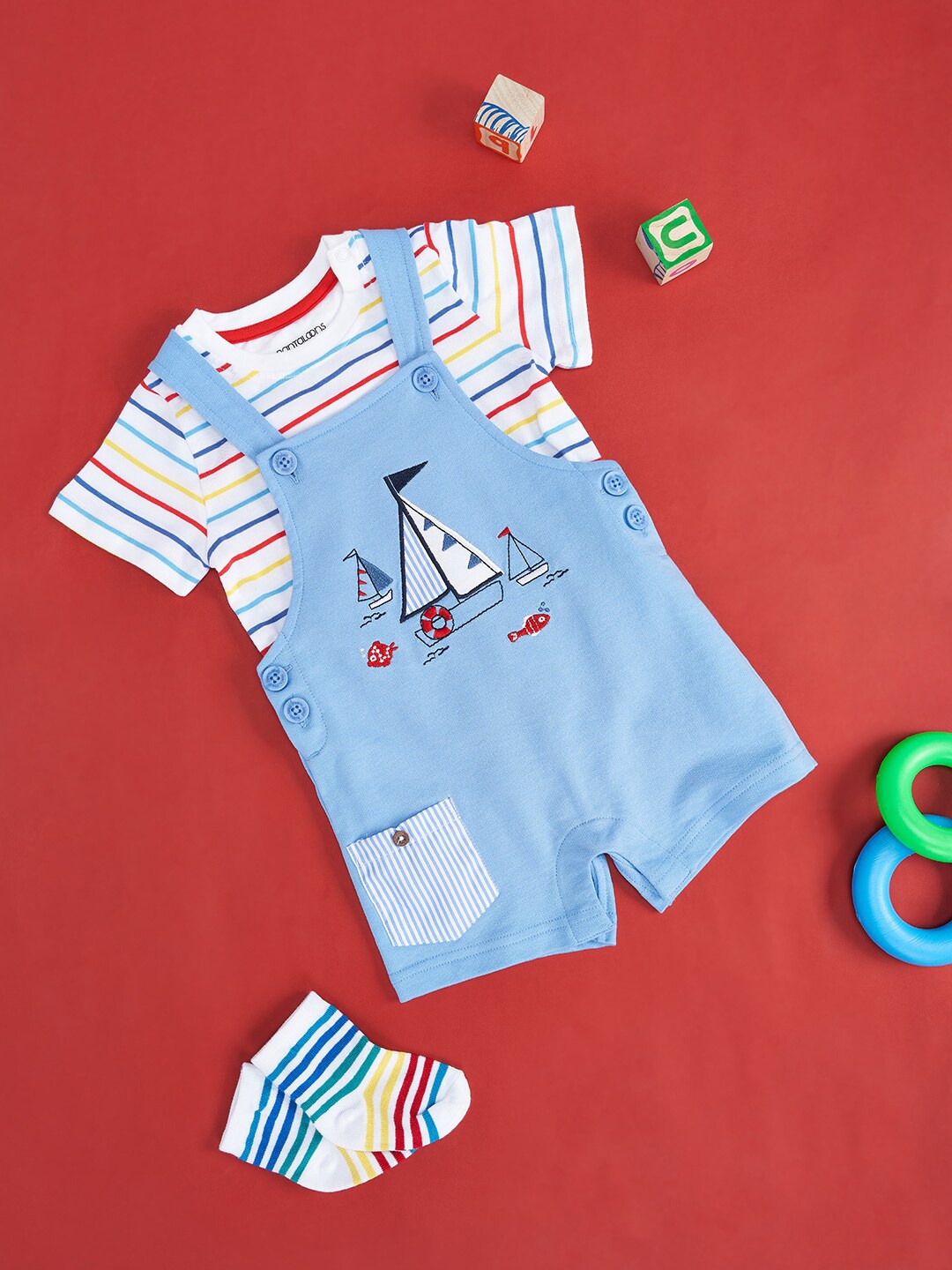 

Pantaloons Baby Infant Boys Pure Cotton Dungaree With T-shirt, Blue