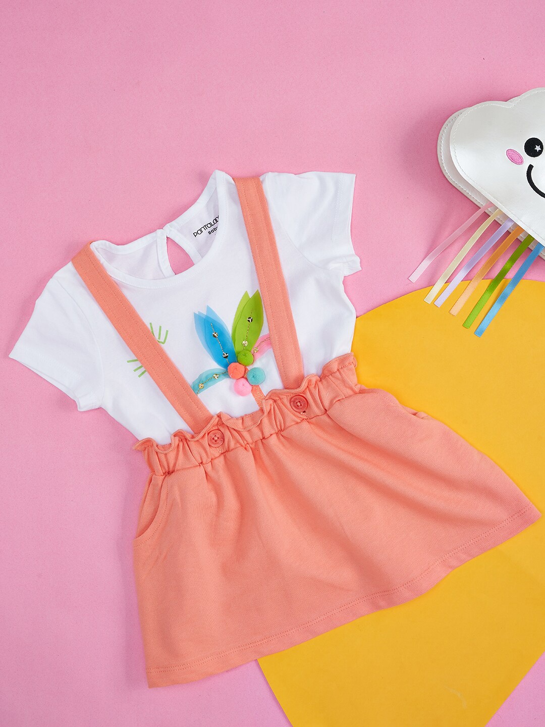 

Pantaloons Baby Infant Girls Cotton Dungaree Dress With Printed T-Shirt, White