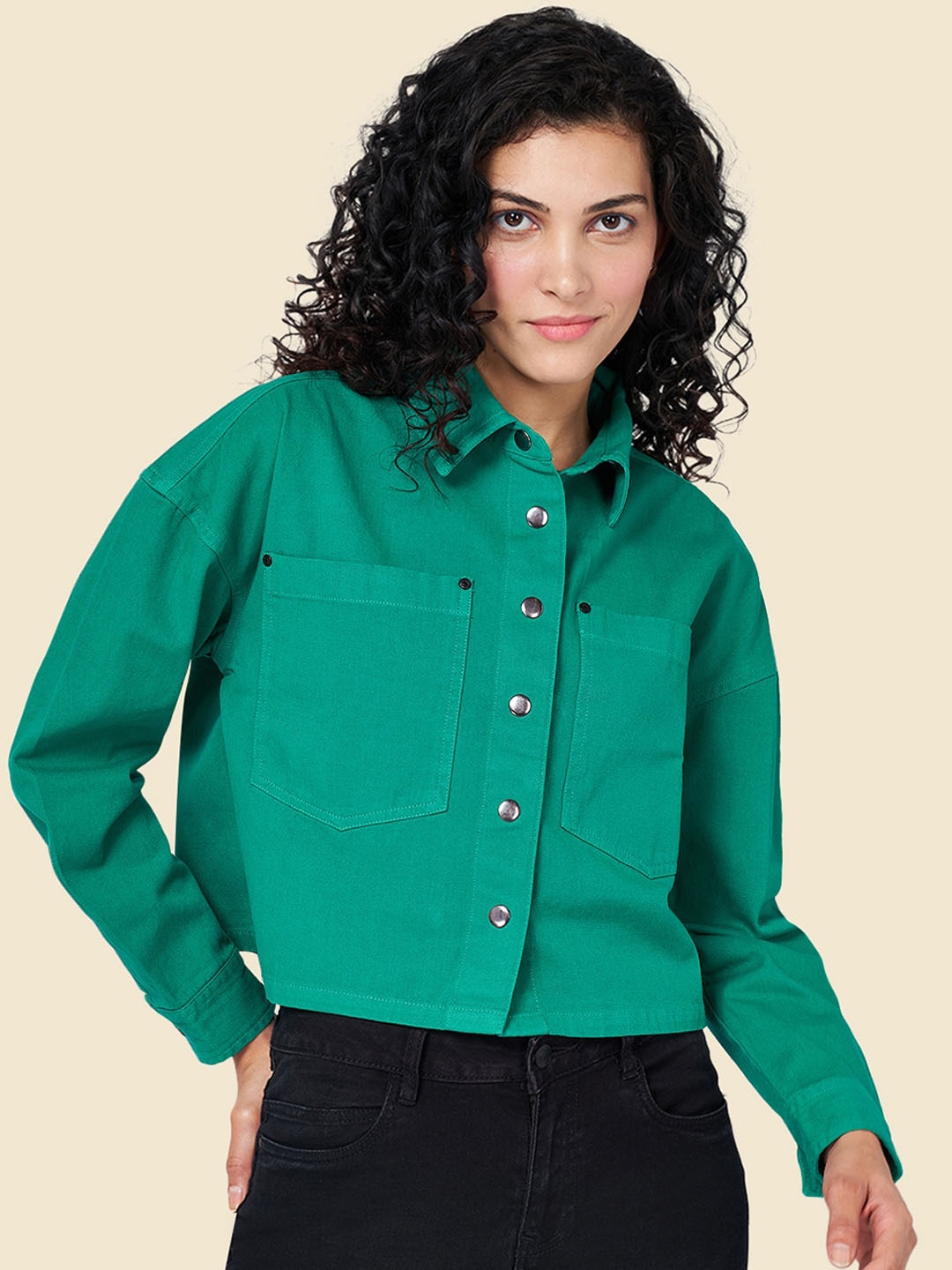 

People Green Shirt Collar Cotton Denim Jacket