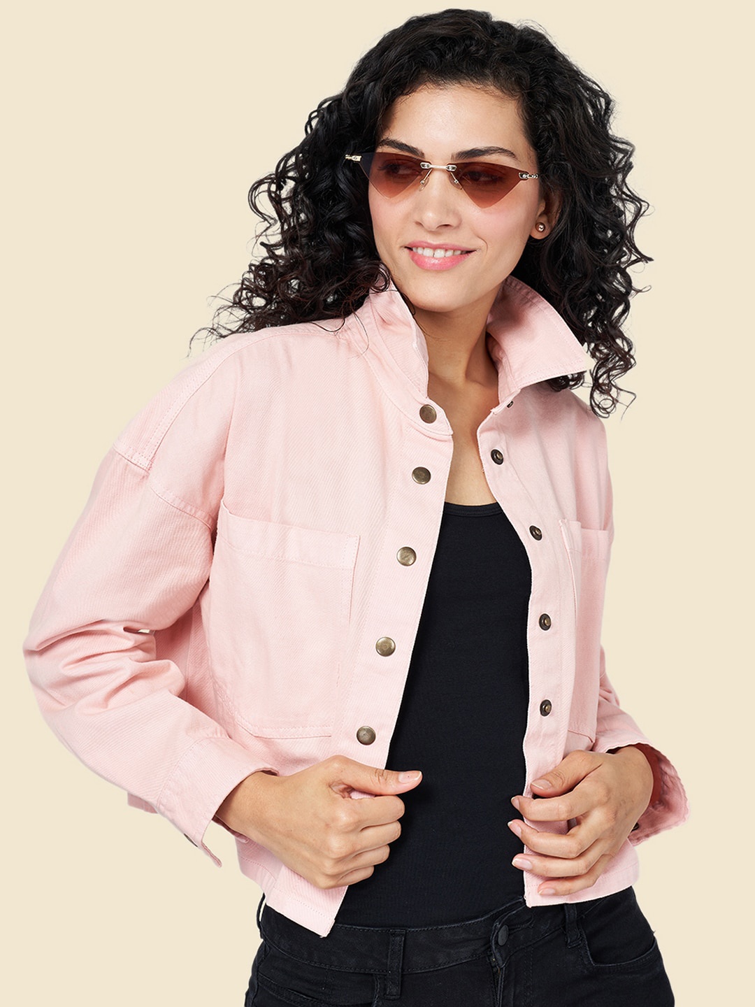 

People Pink Shirt Collar Cotton Denim Jacket