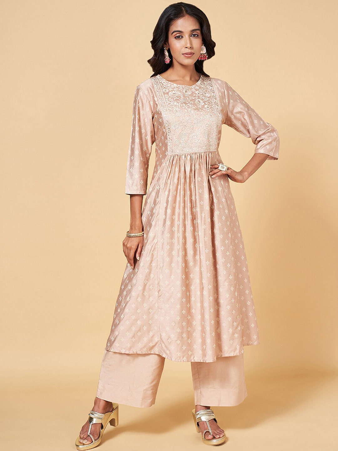 

RANGMANCH BY PANTALOONS Ethnic Motifs Printed Thread Work Pure Cotton Kurta with Palazzos, Beige