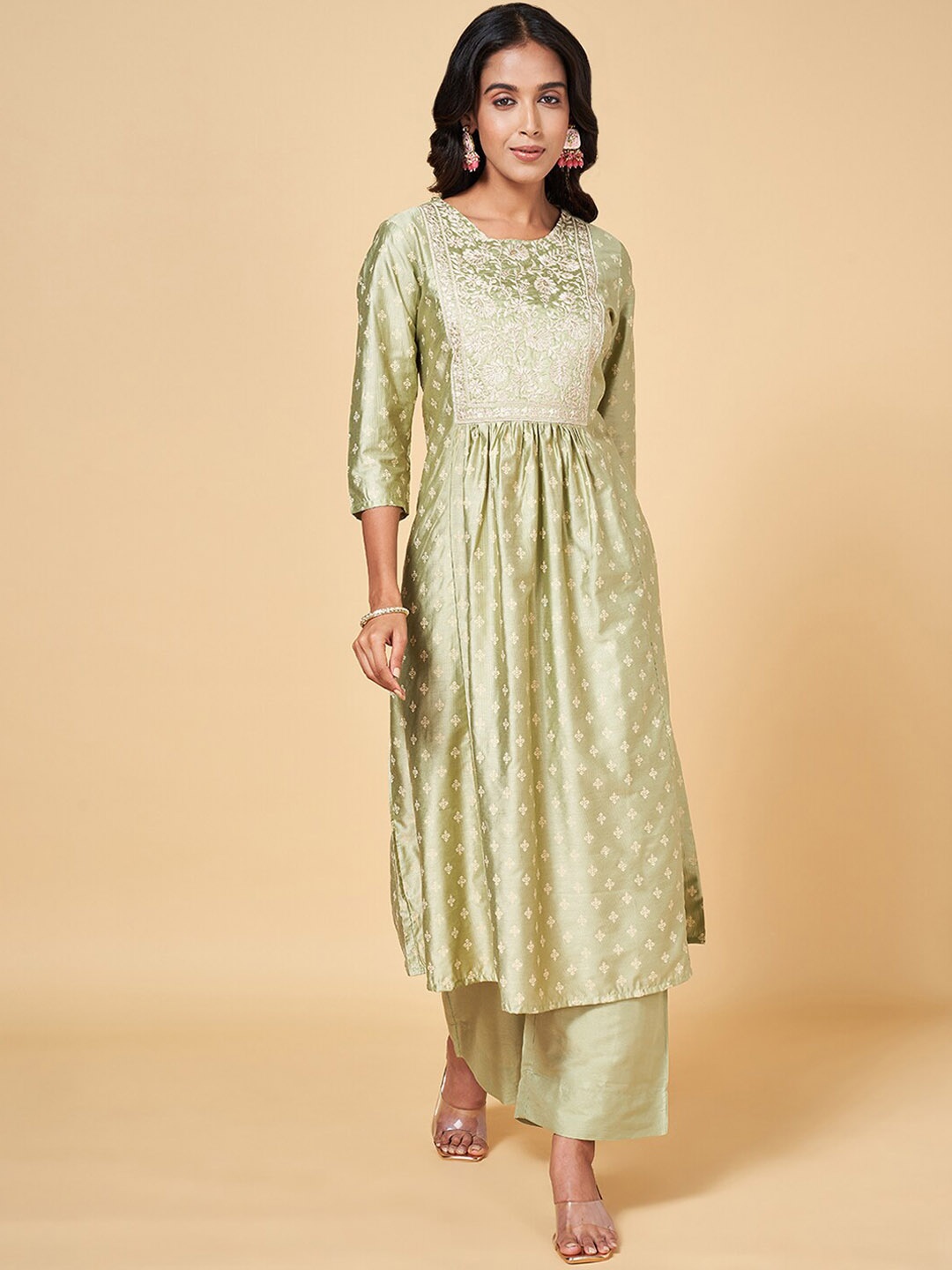 RANGMANCH BY PANTALOONS Ethnic Motifs Printed Thread Work Pure Cotton Kurta with Palazzos, Green